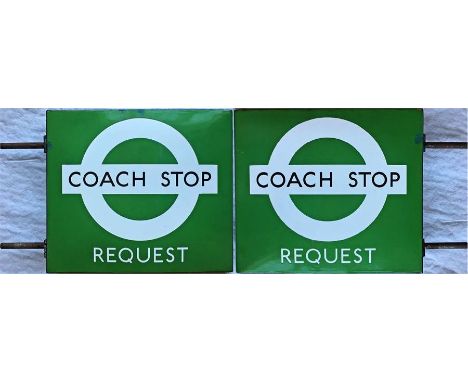 London Transport 1950s/60s enamel COACH STOP FLAG 'Request'. A traditional 'boat'-type (two-sided, hollow) flag complete with