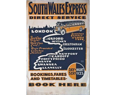 1930s POSTER for South Wales Express coach service from London to Swansea/Llanelly. This operator was acquired by Black & Whi