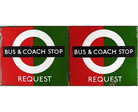London Transport 1950s/60s enamel BUS & COACH STOP FLAG 'Request'. A traditional 'boat'-type (two-sided, hollow) flag numbere