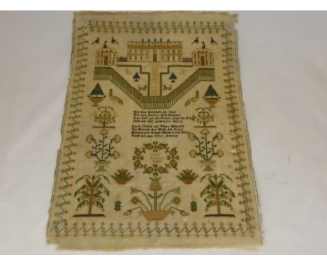 A Victorian Silk Embroidered Sampler, depicting a stately home with decorative floral border, signed Sarah Doulton, dated 184