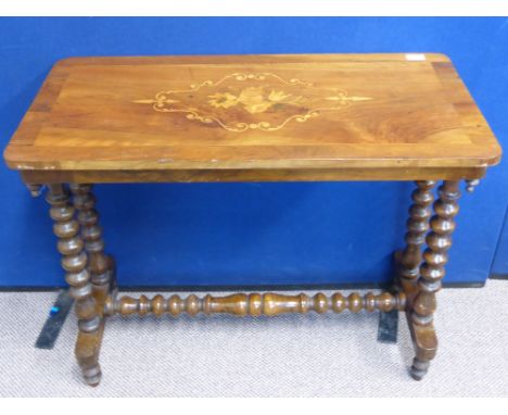 A Victorian Mahogany Inlaid Hall Table, the table having floral inlay with bobbin supports and stretchers, approx 86 x 42 x 6