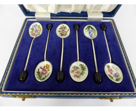 Six Silver and Enamel Coffee Spoons, the spoons having enamel bowls depicting English flowers, Birmingham hallmarked dd 1974 