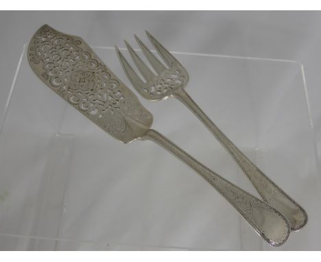 A Pair of Victorian Fish Slice and Fork Set, London hallmark, dated 1865, m.m Henry J Lias & Henry John Lias. approx 300 gms