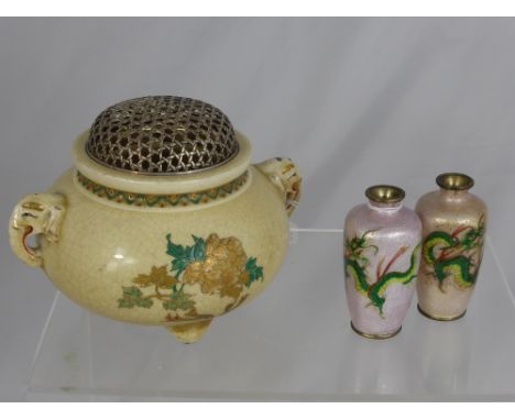 A Miscellaneous Collection of Oriental Items, including a Satsuma Pot Pourri jar with gilded mesh lid approx 15 cms high, Jad