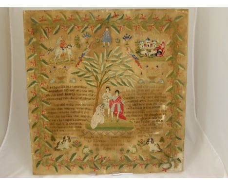A Wool Sampler depicting a lady on a horse with three people under a tree with verses to each side, the sampler having a flor