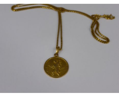 An 18 ct Gold St Christopher Pendant, on a 18 ct gold chain, approx 13.5 gms