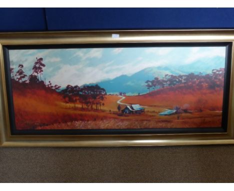 A Large Limited Edition Print of a Rolf Harris Painting of an Australian country scene depicting the Blue Mountains, gum tree