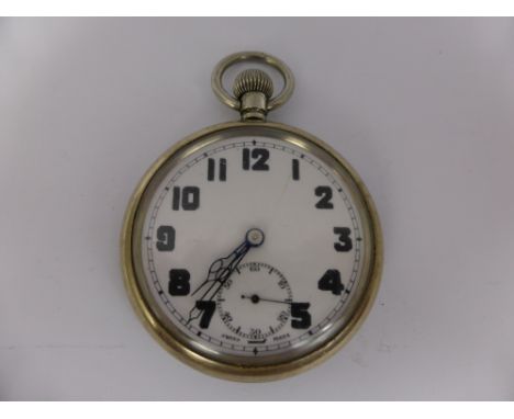 A World War II Army Stainless Steel Pocket Watch, engraved to back 6E/50 A5938, having white enamel face and blue double wire