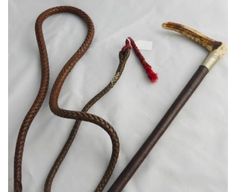 An Antique Horn Handled Hunting Whip, with plaited leather and scarlet tassel, approx 190 cms