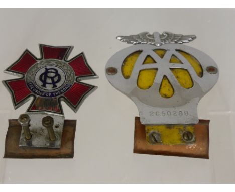 A Vintage " Order of the Road " enamel car badge together with a vintage AA badge and a Woodwards, Cheltenham wind up gramoph