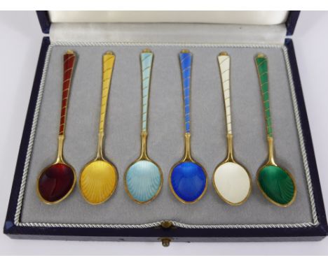 Six Danish Silver and Enamel Coffee Spoons, stamped 95 in the original box. 