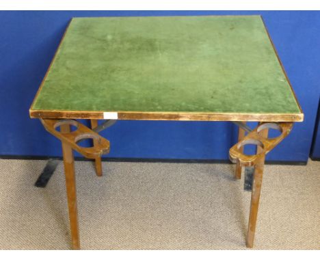 A Vintage Folding Card Table, the table covered in green baize with fold out drinks holders.   