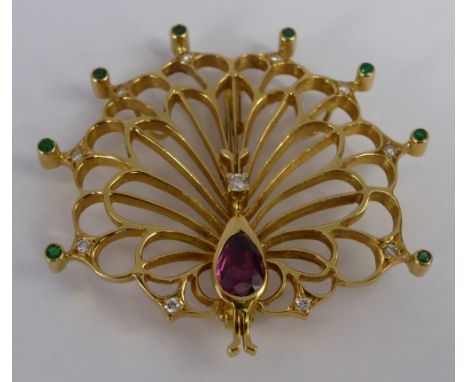 An 18 carat Stylized Ruby, Diamond and Emerald Peacock Brooch, the brooch having tear shaped ruby (6 x 4 mm) to body with dia