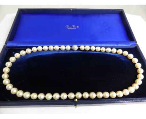 A Cultured Pearl Necklace, the necklace strung with 50 x 0.9 mm pearls with a pave set  18 carat gold diamond ball clasp, app