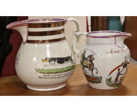 Sunderland Ware Pair of 19th Century Jugs, one detailing Nudger the Hunting Dog