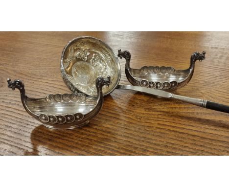 Antique Silver &amp; Wooden Twist Ladle + Pair of Norwegian Long boat Figures