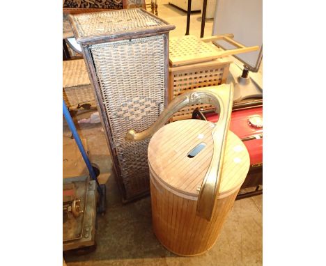 Boxwood cylinder shaped laundry container with wicker cupboard, upper and lower drawer and a crescent shaped shelf with singl