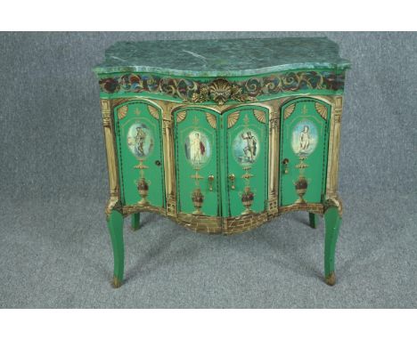 A vintage Louis XV commode cabinet with faux marble top and allover hand painted Classical style naked male figures in oval c