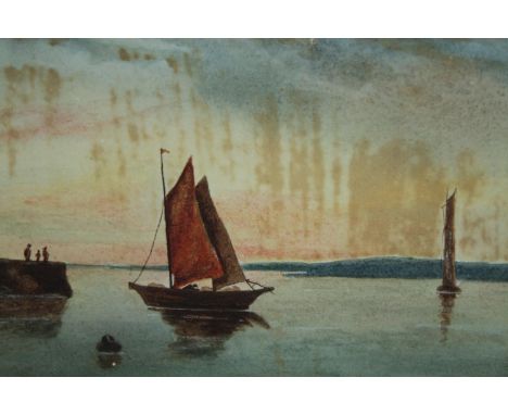 Watercolour painting signed 'R. Taylor' and dated 1921. A sailing boat and jetty. With visible foxing. Framed. H.23 W.28 cm. 