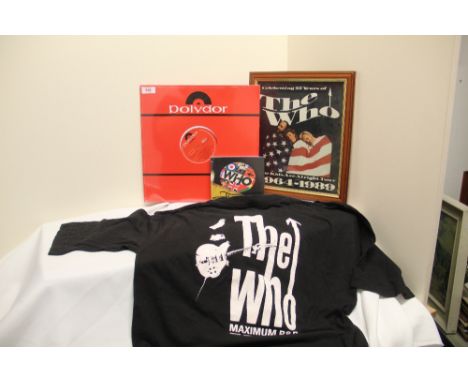 A lot of Who items with a T-Shirt ( XL )  a framed print  - 35 cm x 30 cm - a CD and a 12 inch mint sealed vinyl single