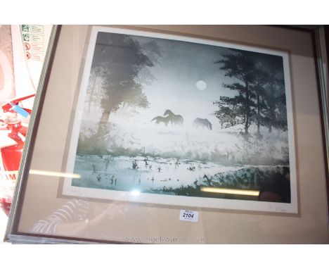 France Hilon, b. 1942 Limited edition colour etching of horses in moonlight