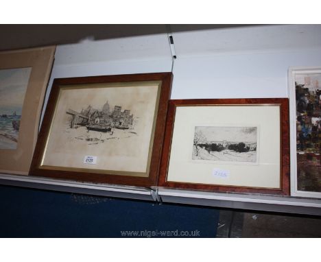 A Joseph Pennell (American) 1884 pencil signed Etching: St. Paul's Wharf and a D.Y. Cameron Etching of Winchester