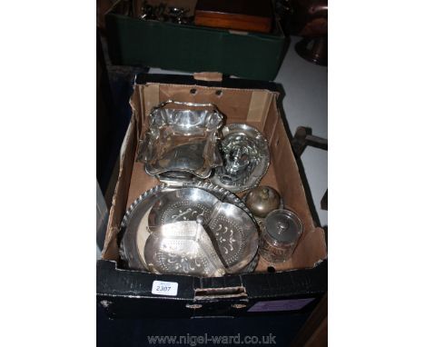 A silver plated bread board, serving dishes, door knocker, etc