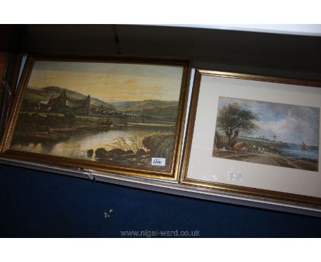 A framed and mounted Watercolour depicting a Dutch Landscape with figures, cattle and a windmill in the distance together wit