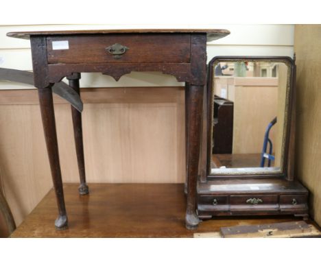 An early 18th century mahogany toilet mirror and an oak lowboy, lowboy W.70cm