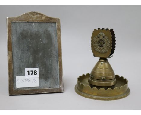 A 1930's silver photograph frame engraved for the Bihar Light Horse and a Royal Engineer's bomb timer ashtray, frame 19cm