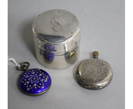 Two silver fob watches including enamel and an Edwardian silver mounted travelling inkwell.