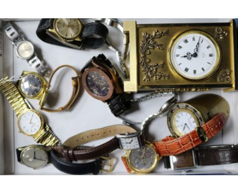Twelve assorted wrist watches including Longines, Raymond Weil and Helvetia, a carriage clock and travelling "World" clock.