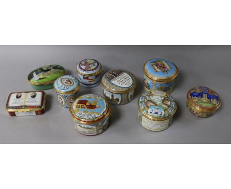 Nine Halcyon Days limited edition enamel bonbonierres; King David 436/1000, Johnson & Boswell 35/200, Ten Downing Street 193/