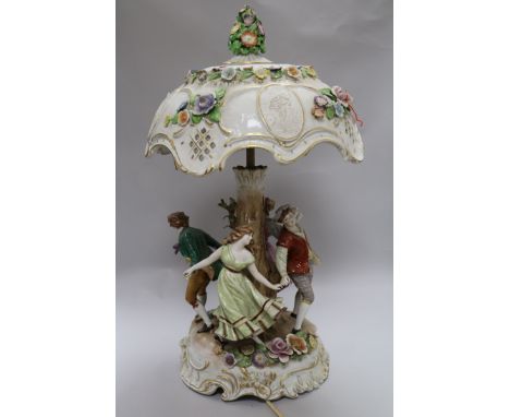 A Continental porcelain table lamp with lithophane shade, height 58cm
