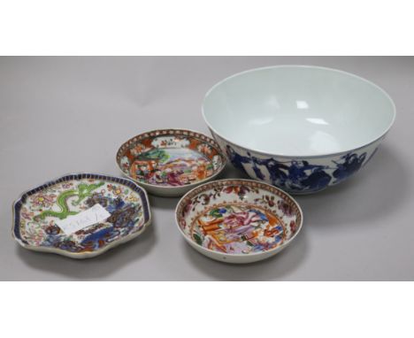 A Chinese blue and white bowl, and three assorted saucers, bowl diameter 20cm