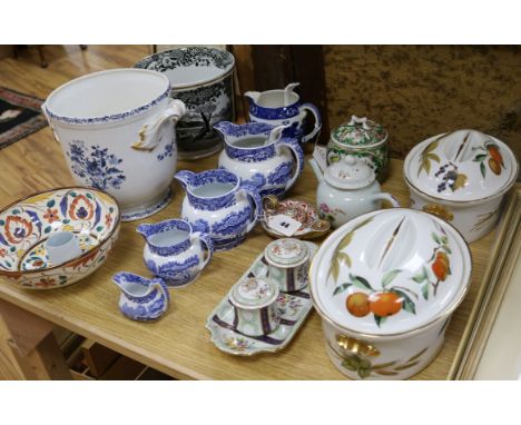 A group of assorted ceramics including a pair of Worcester tureens, three ceramic sauce labels and an English porcelain inkwe
