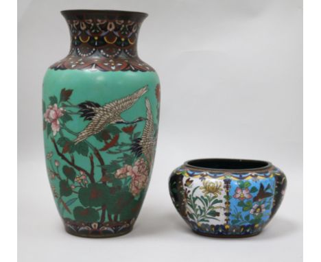 A Japanese green ground cloisonne enamel vase and a Japanese cloisonne enamel lobed bowl, 30cm and 10cm