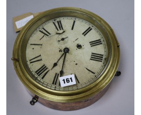 A 19th century brass and copper ship's bulkhead clock, 7 inch diameter painted dial