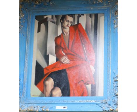 After Tamara de Lempicka, oil on board, portrait of a woman in a red dress, 60 x 49cm