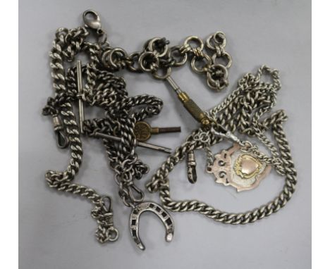 Four assorted silver alberts and a similar white metal chain.