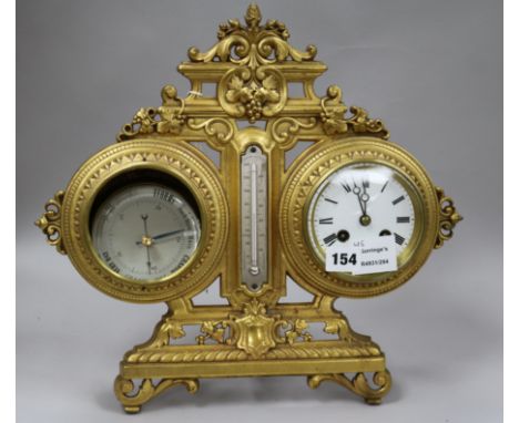 An Edwardian gilt brass combined desk timepiece, thermometer and barometer, height 36cm