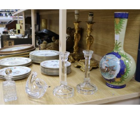 A Continental milk vase, 37cm, a Sevres glass bowl, a pair of glass candlesticks and a glass scent bottle