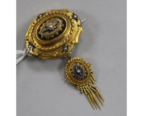 A Victorian yellow metal, enamel and seed pearl set drop tassel brooch, overall 7cm.