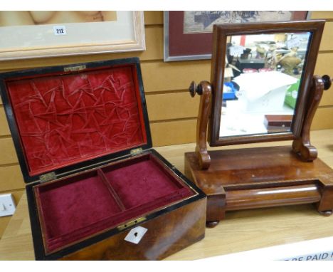 A burr walnut writing box in a shelf together with an inlaid mahogany toilet mirror Condition reports provided on request by 