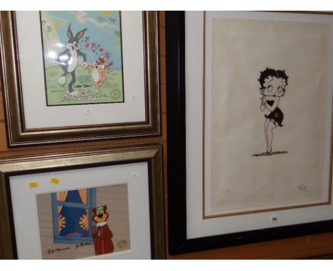 A Grim limited edition (98/300) print of Betty Boo, 69 x 49cms together with two framed cartoon cells, being Bugs Bunny &amp;