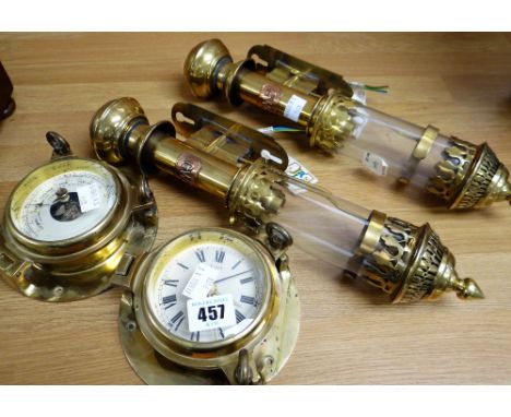 Two reproduction nautical dials together with a pair of reproduction 'G W R' carriage-type electric lamps