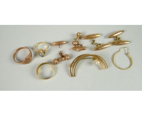 A parcel of yellow gold jewellery including 9ct seed pearl set brooch, an 18ct yellow gold gypsy ring, 9ct rose gold signet r