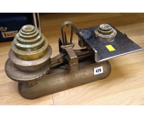 Set of Avery shop scales with assorted weights Condition reports provided on request by email for this auction otherwise item