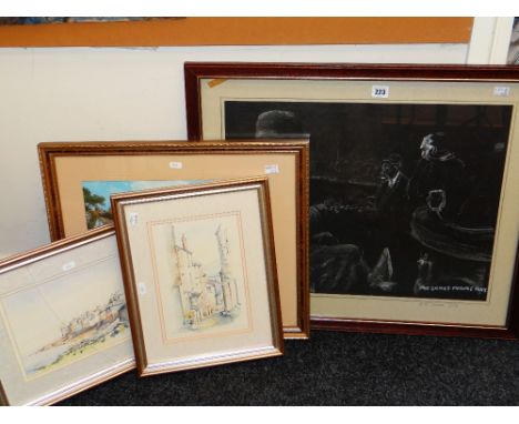 A C CASTRO colour print - 'The Games People Play', 43 x 55cms, together with coloured print of cottages and pair of St Ives w