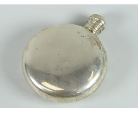 Small silver circular hip flask with screw top, rubbed hallmarks, 3 troy oz approx. Condition reports provided on request by 